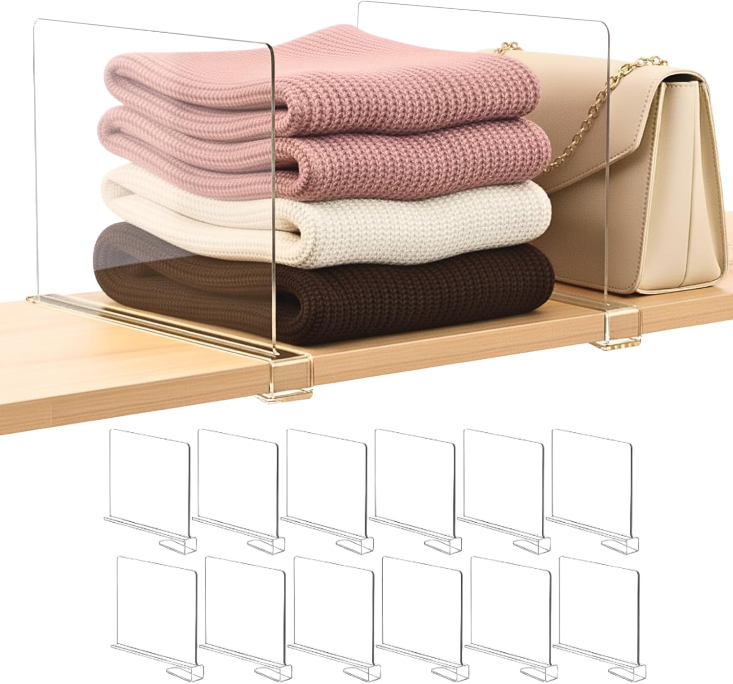 Shelf Dividers Purse Organizer for Closet: 12-Pack Acrylic Bag Storage Organizer for Handbags, Clutches, Clothes, Sweater, Towel on Wood Shelves