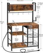 HOOBRO Bakers Rack with 4 AC Power Outlets, 5-Tier Coffee Bar with Wire Basket, Microwave Stand with Paper Holder and Drawer, Kitchen Storage Shelf, Rustic Brown and Black BF84UHB01