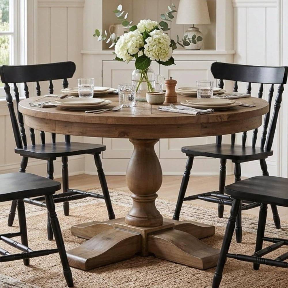 47" Round Dining Table with Wooden Pedestal Base, Antique Pine Wood Dinn...