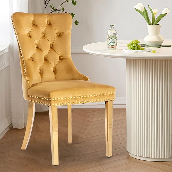 Velvet Upholstered Dining Chairs Set of 2, Modern Style Kitchen Side Chairs with Nailhead Trim and Gold Plated Leg, Metal Pulling Ring for Dining Room Living Room(Gold-Gold Plated Leg)