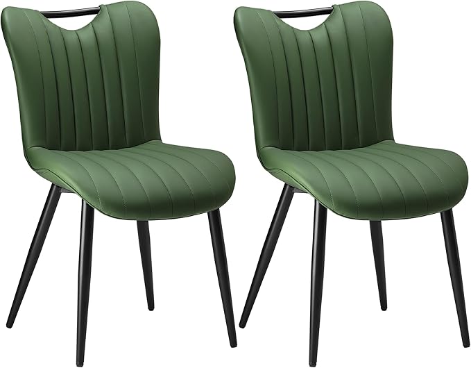Leather Upholstered Dining Chairs Set of 2, Mid-Century Modern Kitchen Dining Room Chairs with Black Metal Legs, Armless Faux Leather Accent Dinner Chairs Kitchen Side Chairs, Green