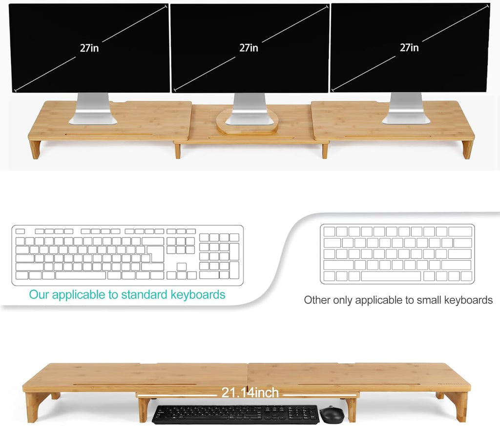Nnewvante Monitor Stand Riser, 60 inch Large Bamboo Dual Monitor Stand for Desk, 3 Shelves Desktop Screen Riser with Adjustable Length Angle for Computer Laptop PC