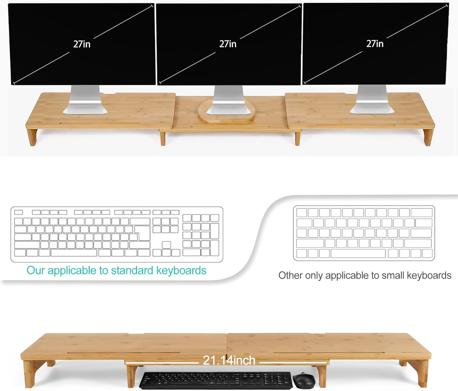 Nnewvante Monitor Stand Riser, 60 inch Large Bamboo Dual Monitor Stand for Desk, 3 Shelves Desktop Screen Riser with Adjustable Length Angle for Computer Laptop PC