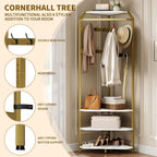 IDEALHOUSE Corner Coat Rack With Shoe Bench and 6 Double Hooks, Corner Hall Tree - Clothes Rack With Storage Hall Tree With Organizer Shelf for Entryway, Hallway, Closet (02-Gold)