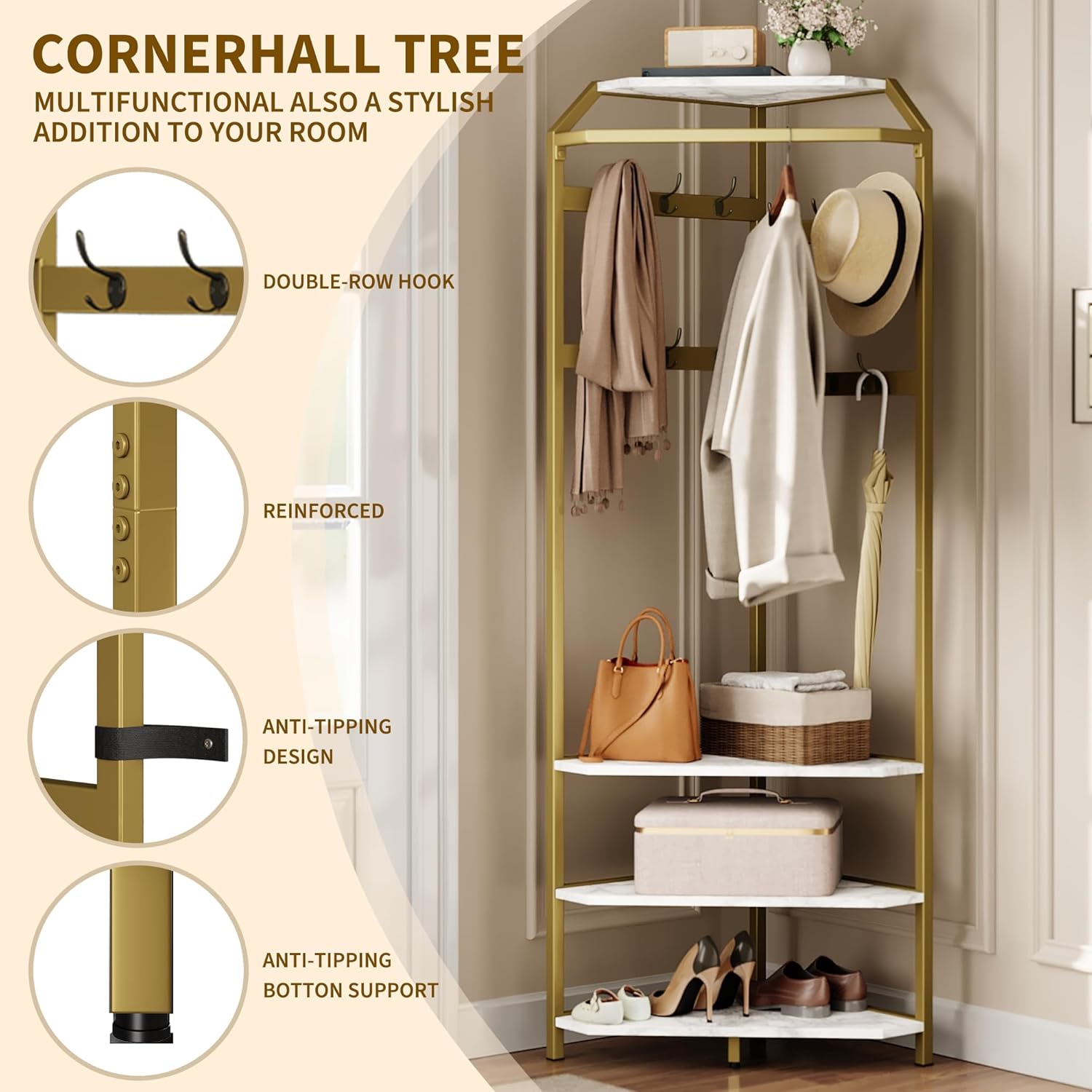 IDEALHOUSE Corner Coat Rack With Shoe Bench and 6 Double Hooks, Corner Hall Tree - Clothes Rack With Storage Hall Tree With Organizer Shelf for Entryway, Hallway, Closet (02-Gold)