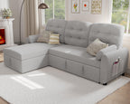 86" Sleeper Sofa Bed, Pull Out Couch Bed with Reversible Storage Chaise, Sectional Couches for Living Room with Side Pocket | Charging Station | Removable Backrest | Prime Linen, Light FGrey