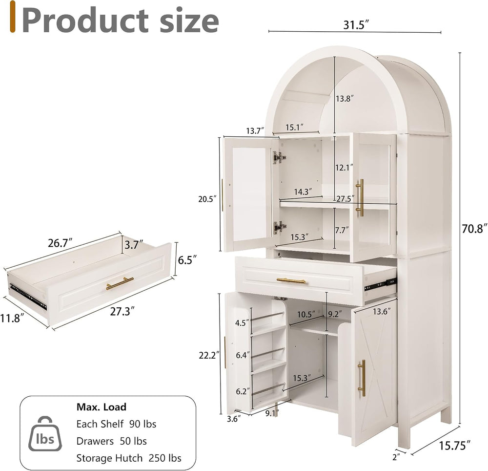 71" Tall Arched Pantry Cabinet, Farmhouse Kitchen Storage Cabinets with ...