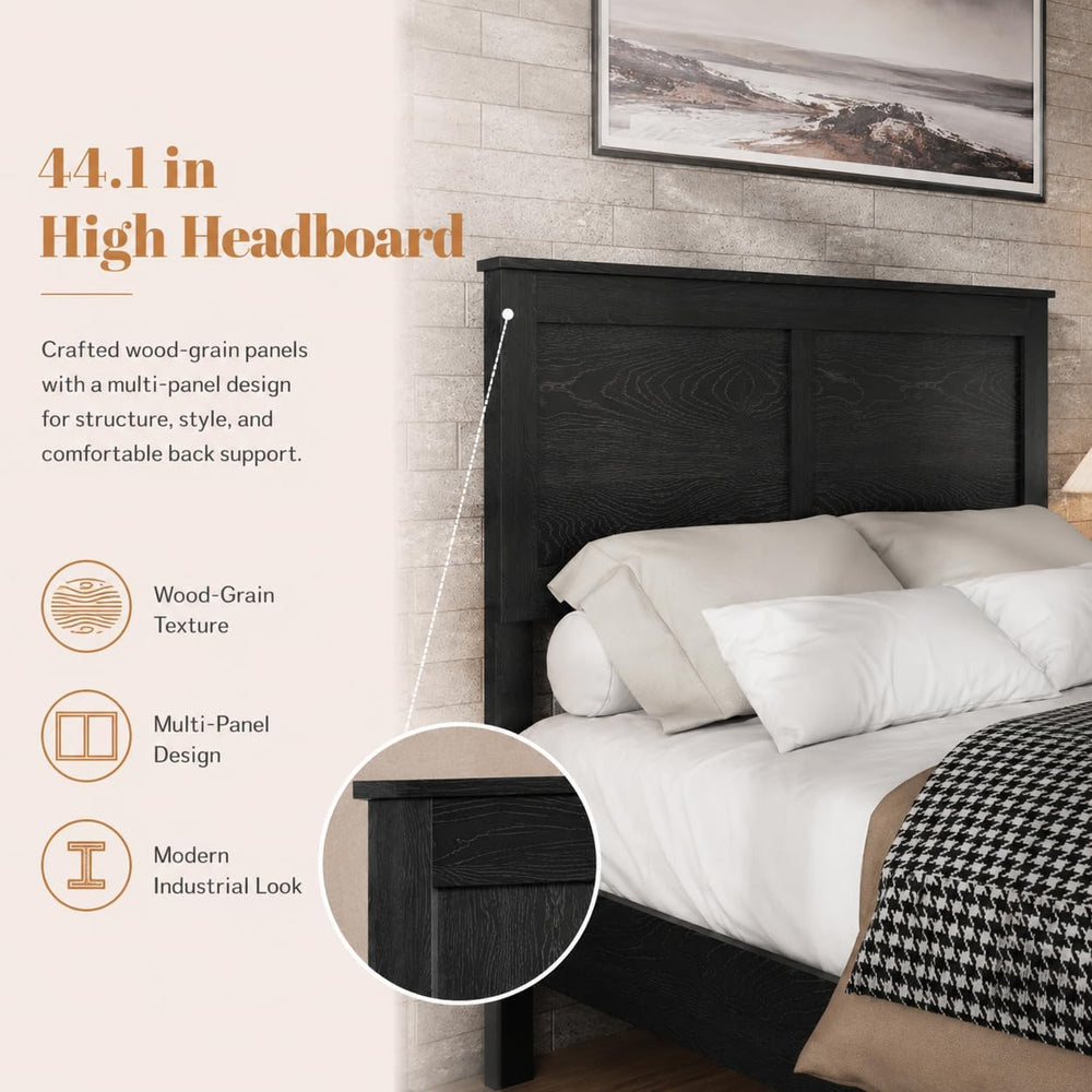 King Size Bed Frame Wood Platform Bed with Headboard, No Box Spring, Black