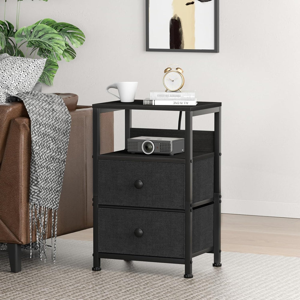 End Table with Charging Station & USB Ports, Rustic Nightstand with Fabri...