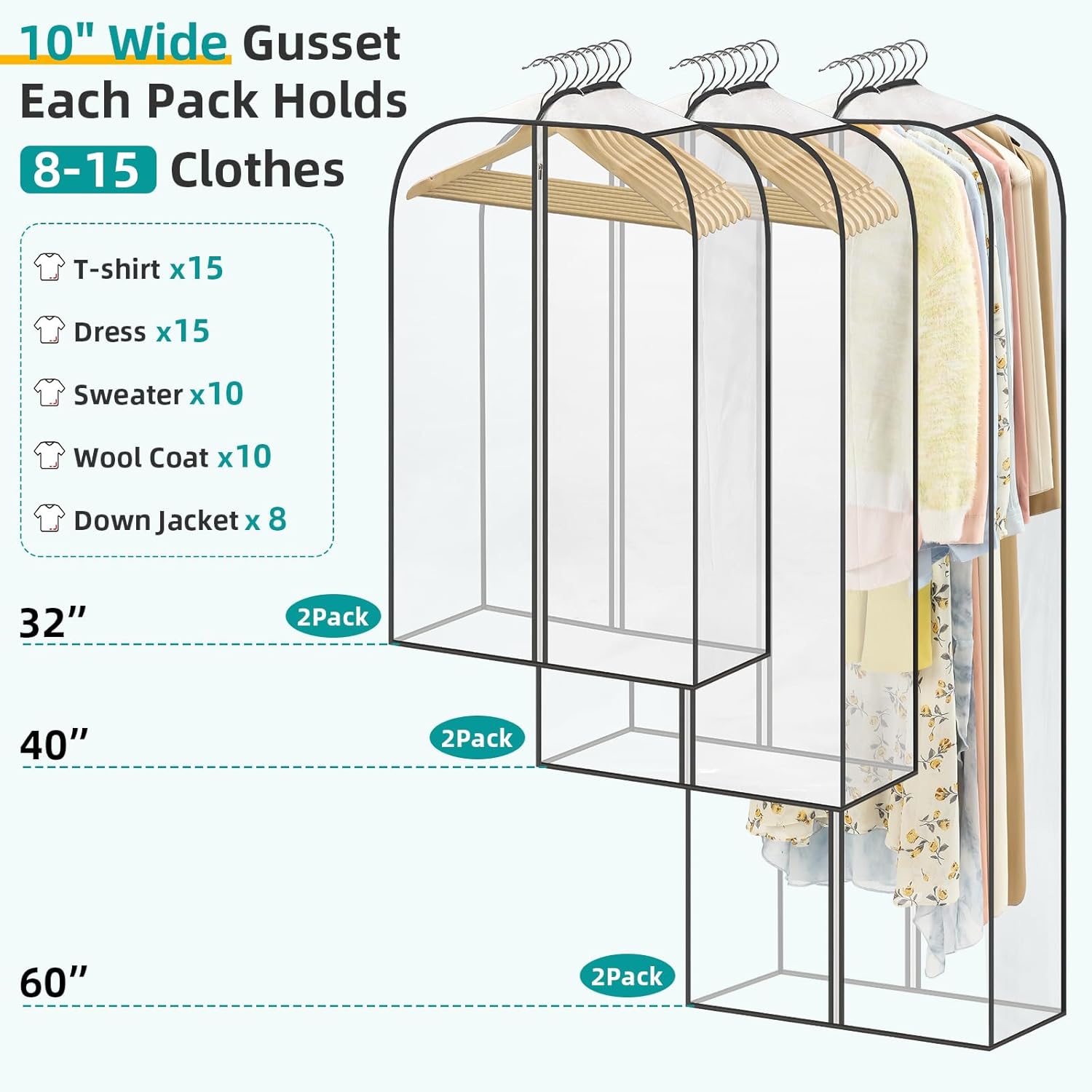 LANDNEOO 6 Pack Clear Garment Bags for Hanging Clothes with Zippers on Double Sides - 32&40&60" Long Suit Bags - 10'' Clothes Storage for Coat, Dress, and Fur in Closet