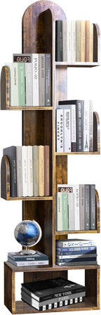 Cactus Tree Bookshelf, 5-Tier Wood 50" Tall Corner Storage Rack for CDs/Movies/Books, Small Space-Saving Organizer Shelves for Living Room, Bedroom, Home Office (Rustic Brown)