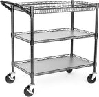 WDT Heavy Duty 3 Tier Utility Cart,Wire Rolling Cart with Wheels, Commercial Grade Service Cart with Shelving Liners and Handle Bar Metal Carts for Kitchen Office Hardware (990LBS Capacity Black)