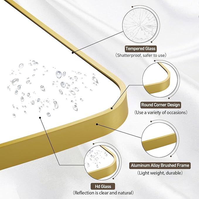 Matte Gold Mirror, 24x36 Inch Brushed Gold Mirror, Aluminum Alloy Framed Vanity Mirror, Rounded Rectangle Bathroom Mirror for Over Sink, Anti-Rust Wall Mirror (Horizontally or Vertically)