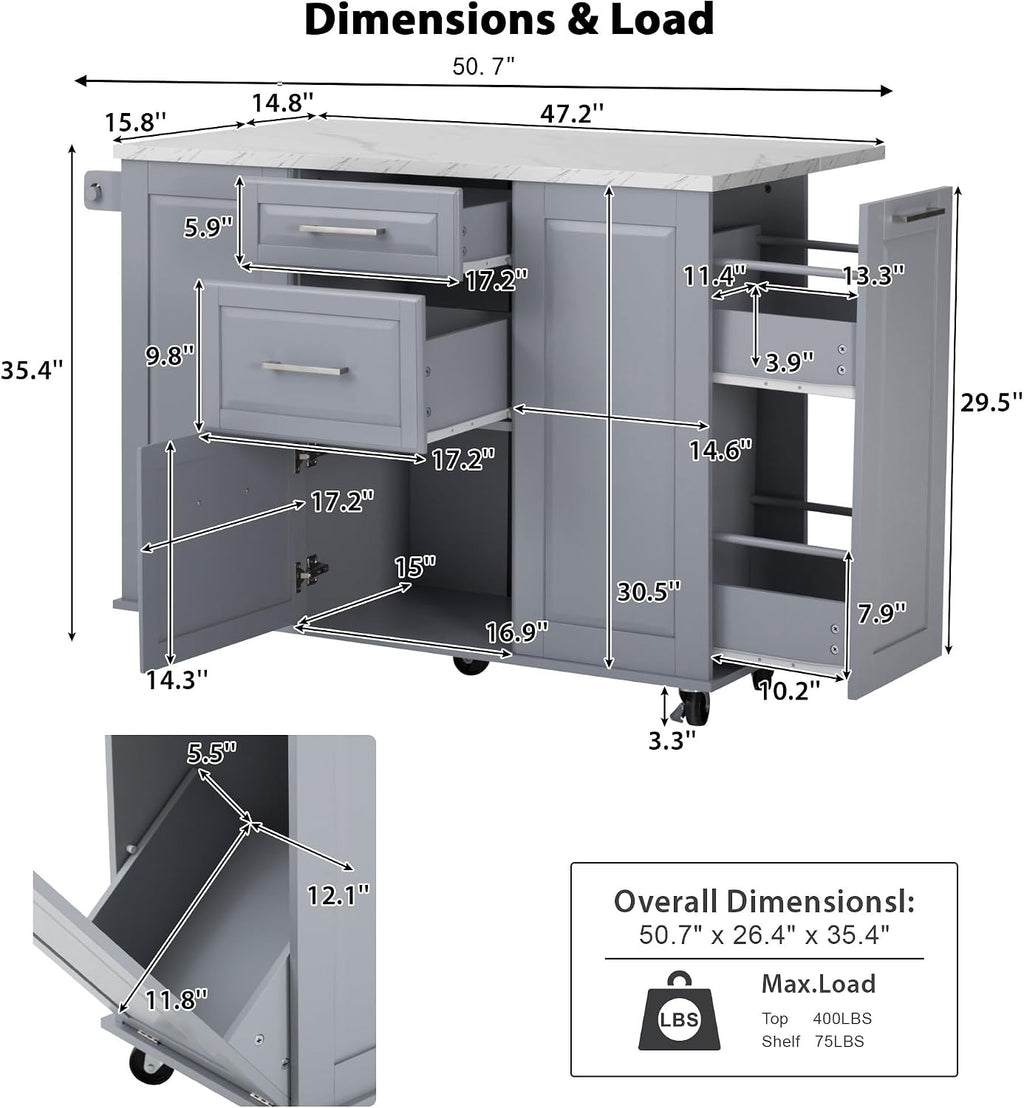 Merax 50.7" Kitchen Island with Storage Tilt Trash Can Cabinet and Pull Out Cabinet Organizer, Rolling Kitchen Island on 5 Wheels with Drop Leaf, 2 Drawers, 1Door for Dining Room, Grey+Blue