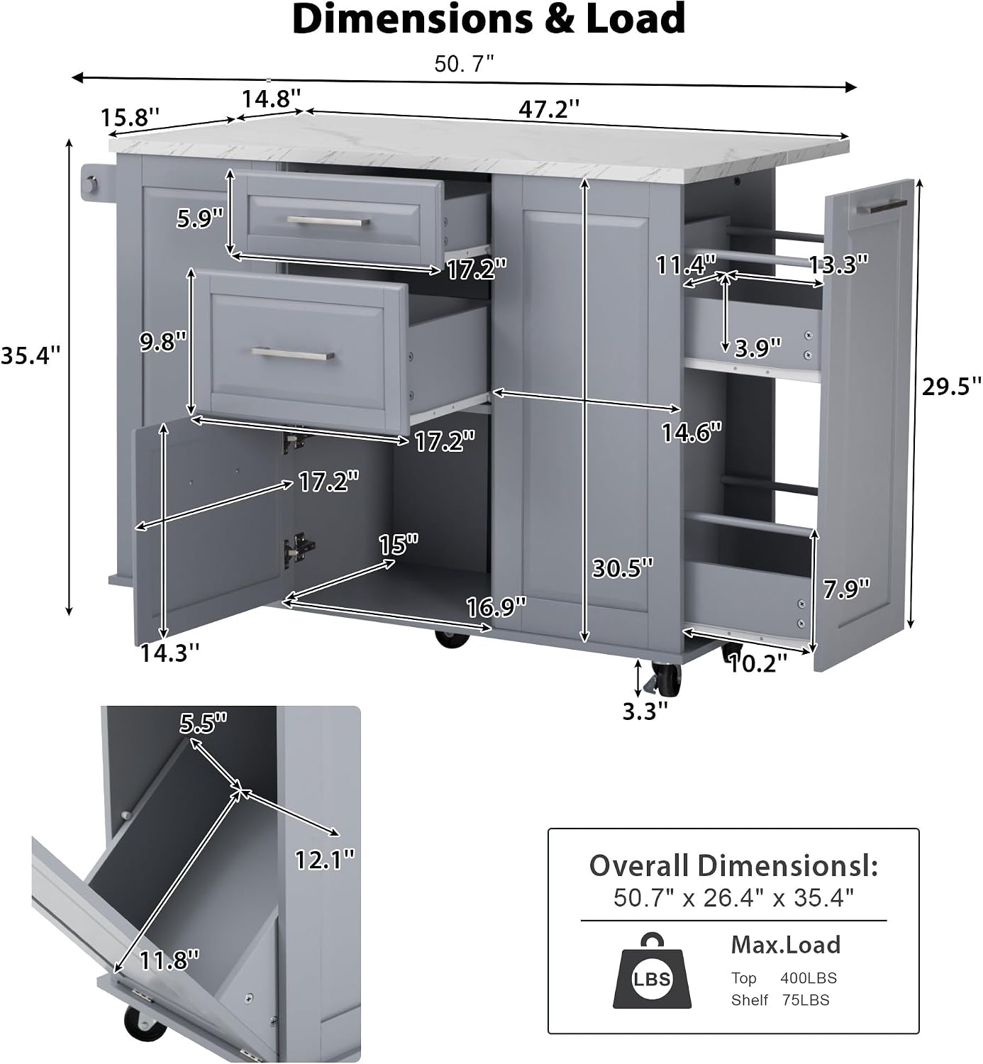 Merax 50.7" Kitchen Island with Storage Tilt Trash Can Cabinet and Pull Out Cabinet Organizer, Rolling Kitchen Island on 5 Wheels with Drop Leaf, 2 Drawers, 1Door for Dining Room, Grey+Blue