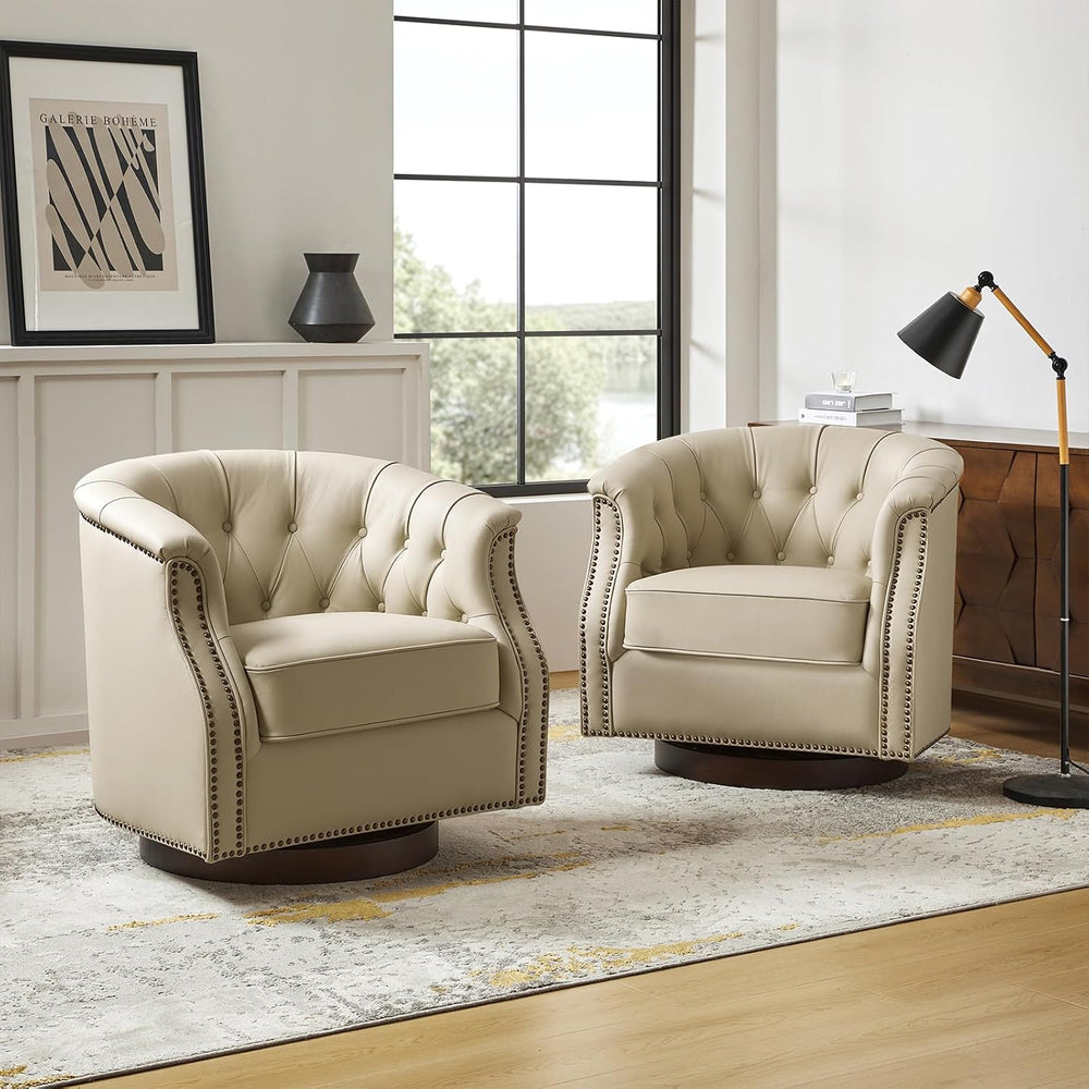 HULALA HOME Genuine Leather Swivel Rocker Chairs, Fully Assembled, Beige | Se...