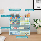 Marbrasse Mesh Pen Holder for Desk, Multi-Functional Pencil Organizer with Drawer, Desk Organizers and Accessories for Office Art Supplies (Blue)