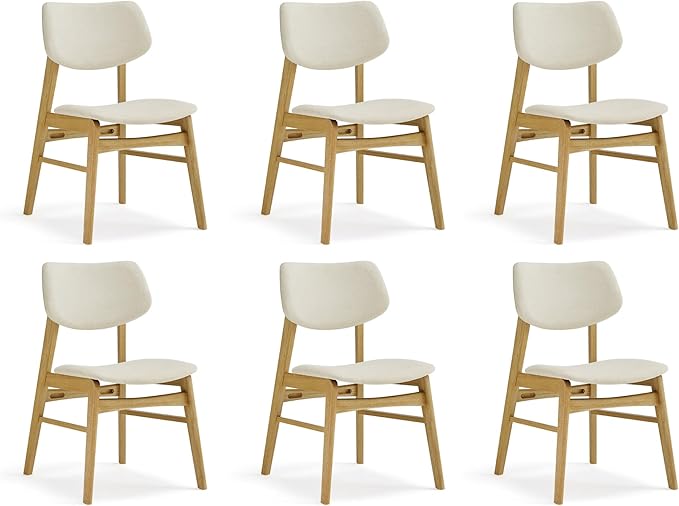 Wooden Dining Chairs Set of 6, Upholstered Modern Dining Room Chairs, Solid Oak Wood Kitchen Chairs with Soft Cushion Backrest for Farmhouse, Restaurant, Café (Cream Fabric & Original Color)