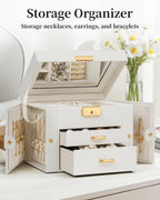 TORIBIO Jewelry Box for Women, Leather Jewelry Organizer with Mirror & Lock, 3-Tier Jewelry Storage Organizer with 2 Drawers for Girls/Women/Mothers, Necklace Earring Bracelets Holder Organizer