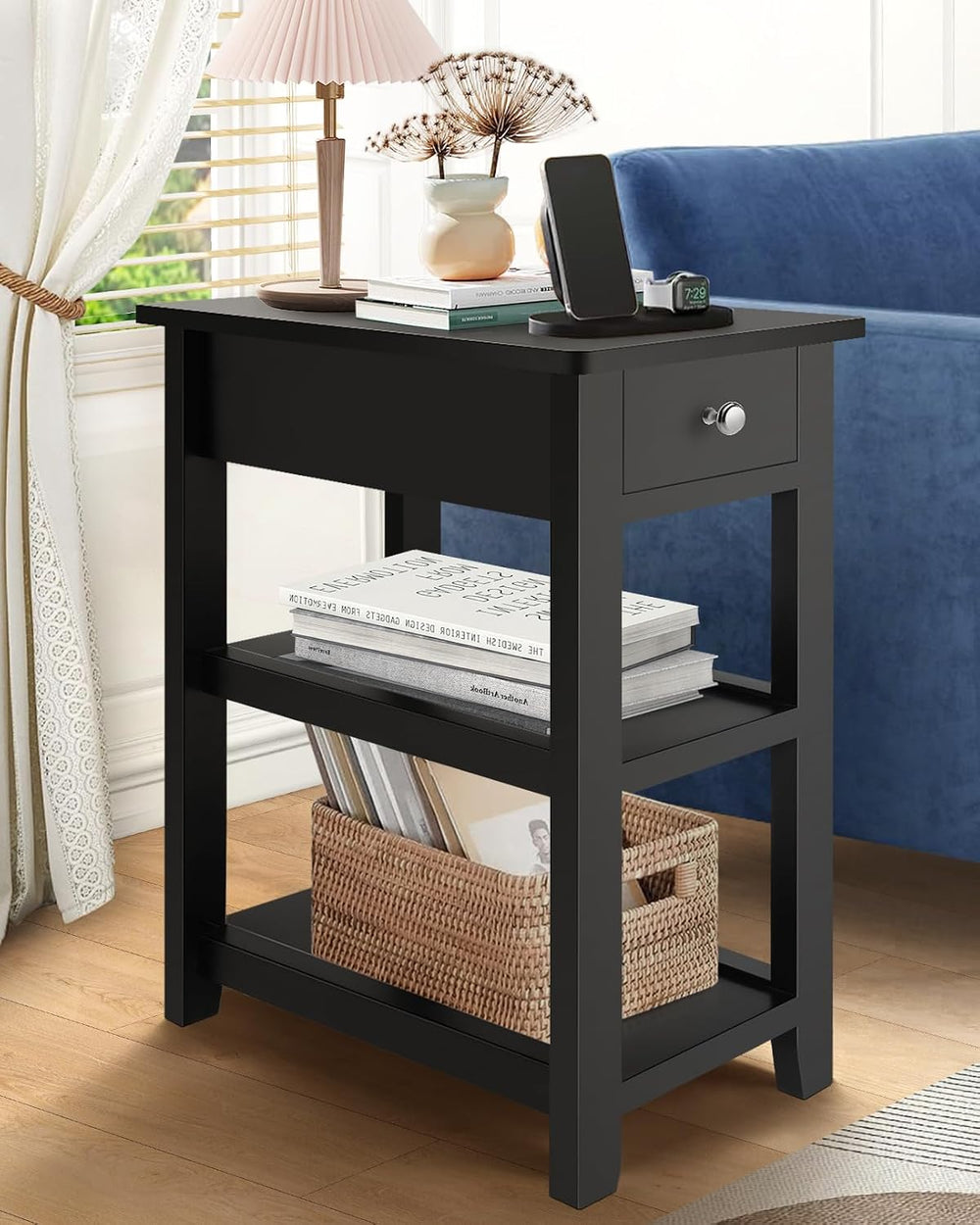Homdox Narrow Side Table, 3 Tier Sofa End Table with Drawer and Shelf for Liv...