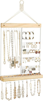 Mkono Hanging Jewelry Organizer Wall Mounted Earring Holder Metal Necklace Holder Wood Shelf with 55 Holes and 7 Hooks Display Rack For Storage Bracelet Rings Ear Studs Accessories Women Bedroom Decor