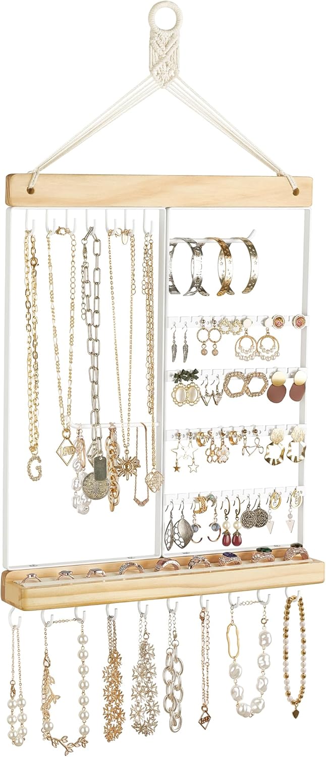 Mkono Hanging Jewelry Organizer Wall Mounted Earring Holder Metal Necklace Holder Wood Shelf with 55 Holes and 7 Hooks Display Rack For Storage Bracelet Rings Ear Studs Accessories Women Bedroom Decor