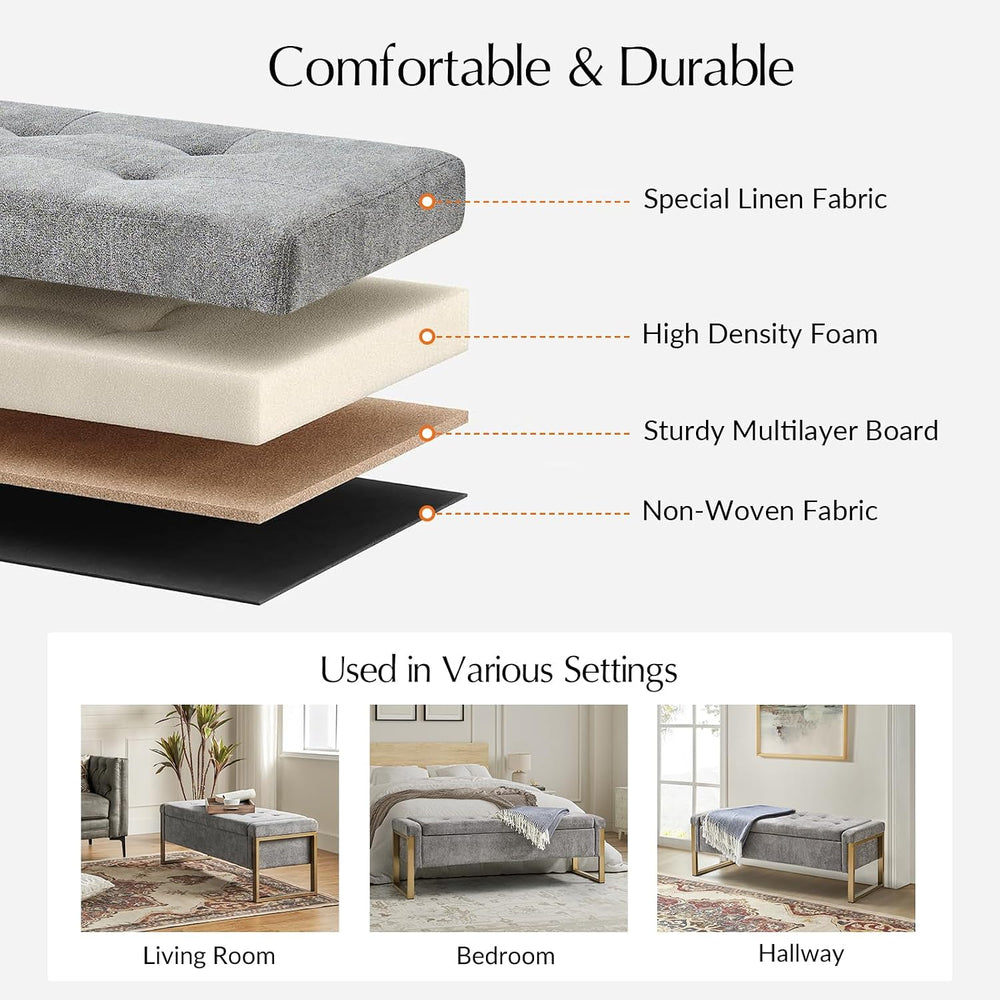 Modern Storage Ottoman Bench with Gold Metal Legs Upholstered Footrest End-of...
