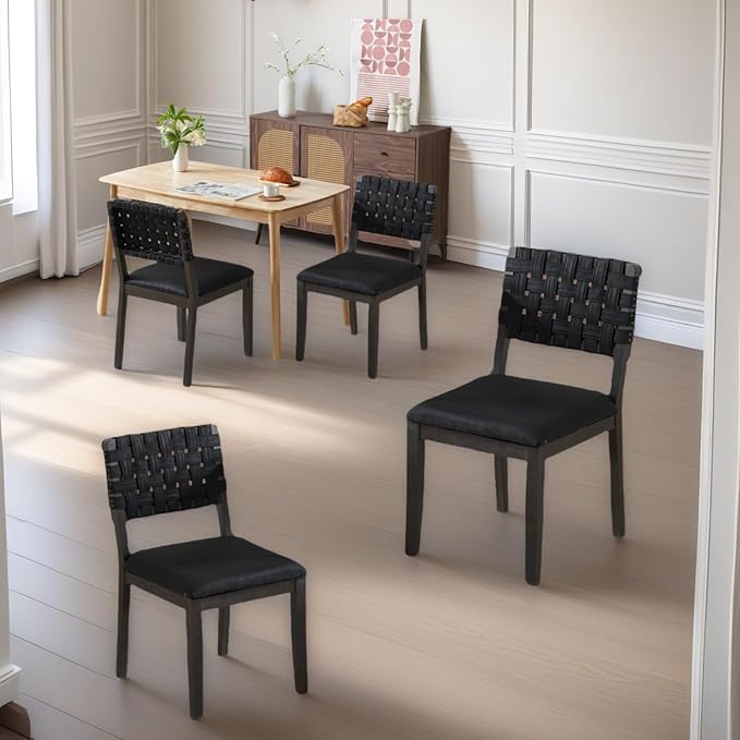 VINGLI Black Woven Wooden Dining Chairs Set of 4,Armless Mid Century Modern Desk Chairs with Rivet&Foot Pegs,Upholstered Farmhouse Comfy Chair No Wheels for Dining Room,Living Room,Kitchen,Oak,Suede
