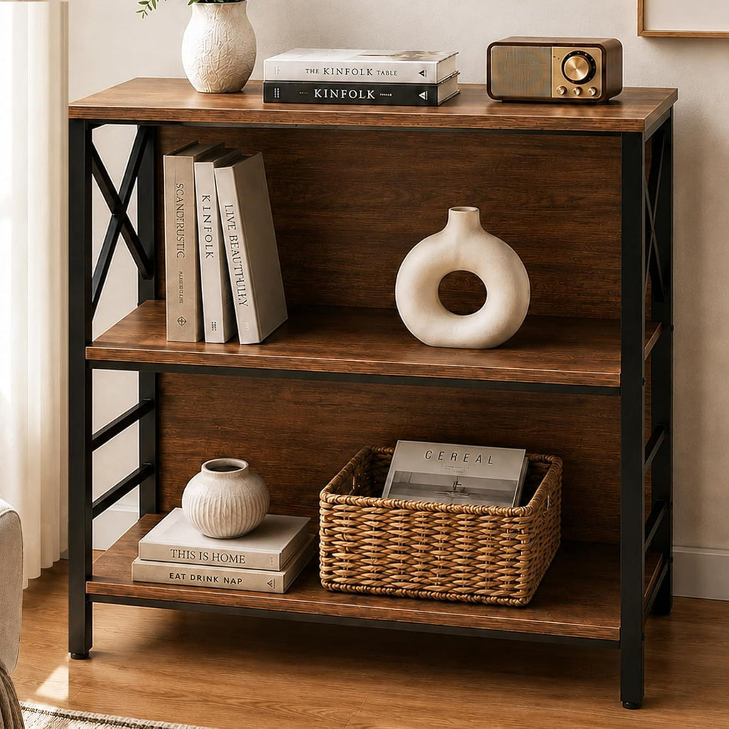 MNEETRUNG Book Shelf, Small 3-Tier Industrial Bookshelf with Strong Metal Frame & Backboard, 29.5" Short Bookcase for Small Spaces, Living Room, Bedroom and Home Office, Brown