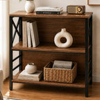MNEETRUNG Book Shelf, Small 3-Tier Industrial Bookshelf with Strong Metal Frame & Backboard, 29.5" Short Bookcase for Small Spaces, Living Room, Bedroom and Home Office, Brown