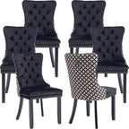 Modern Dining Chairs Set of 6, Tufted Upholstered Dining Chair with Solid Wood Legs, Two-Tone Velvet Accent Chair, Sillas de Comedor, Comfy Kitchen Chairs (Black+Pattern, 6Pcs)