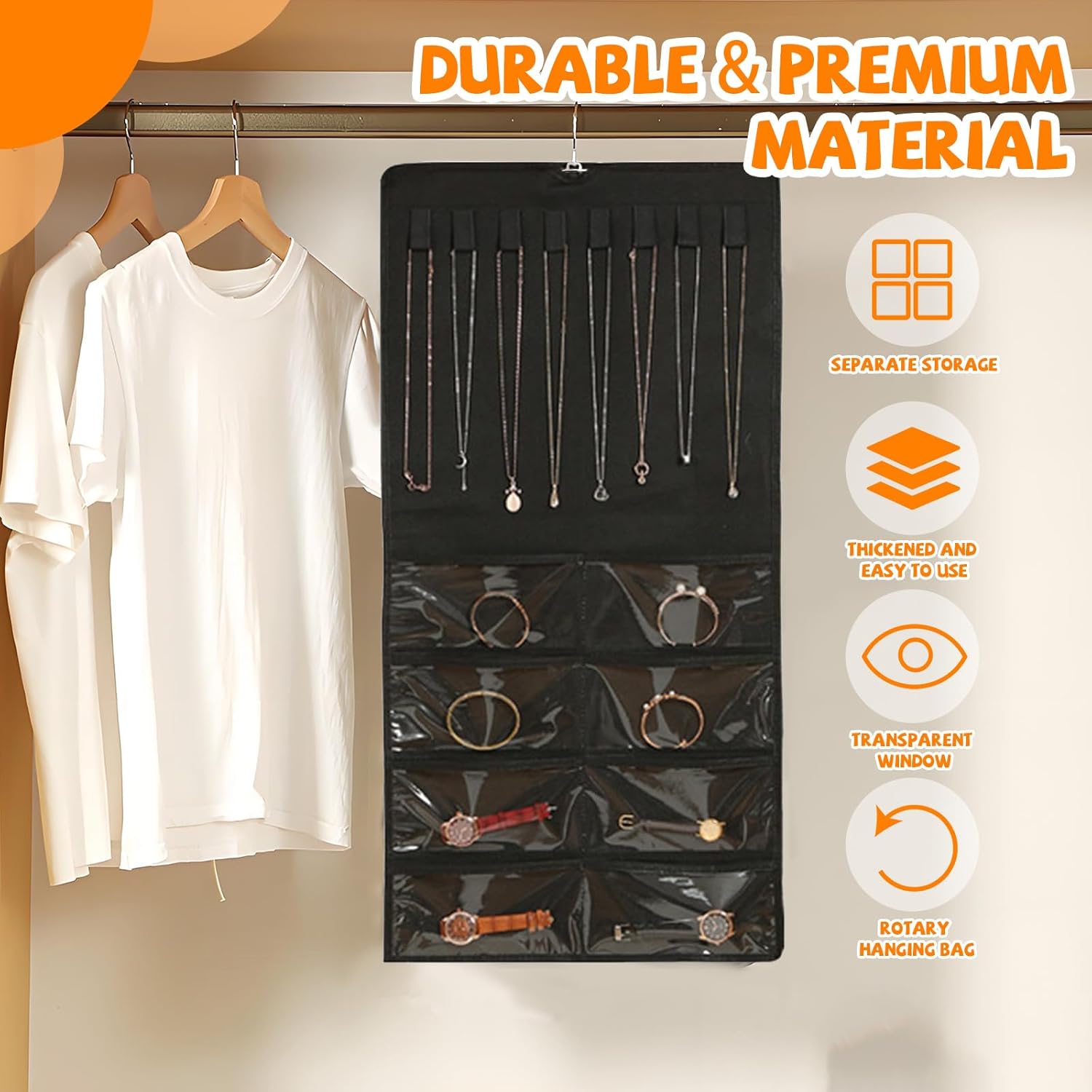 48 Pockets Hanging Jewelry Organizer with Necklace Straps, Double-Sided Black Closet Jewelry Holder for Space-Saving Storage of Earrings, Bracelets & Necklaces