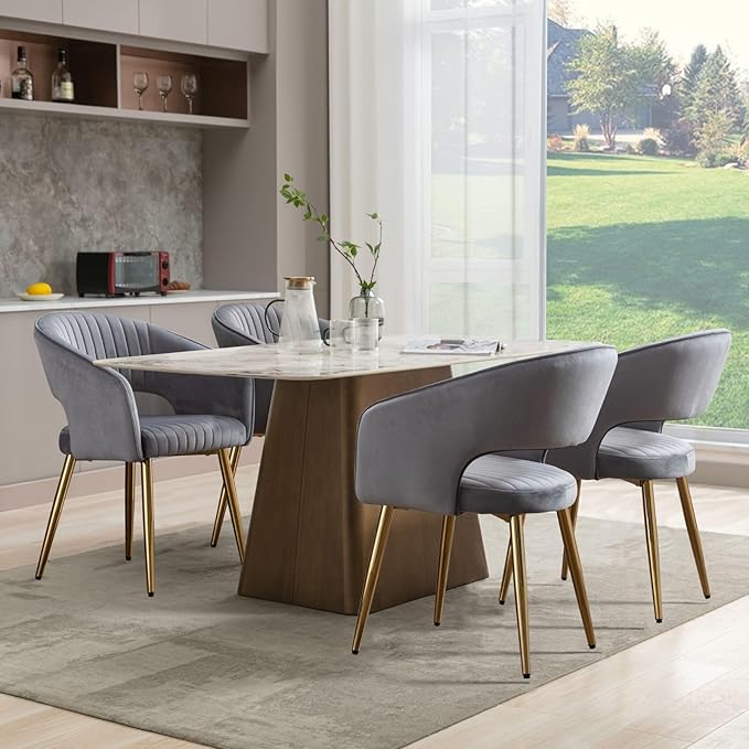Grey Velvet Dining Chairs Gold Legs, Modern Dining Room Chairs with Arms Set of 6 Upholstered Accent Chair Armchair with Barrel Back for Kitchen Living Room