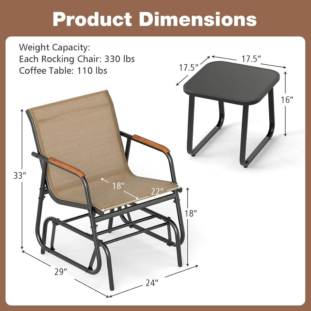 Tangkula 3 Piece Patio Bistro Glider Set, 2 Rocking Chairs w/Tempered Glass S...