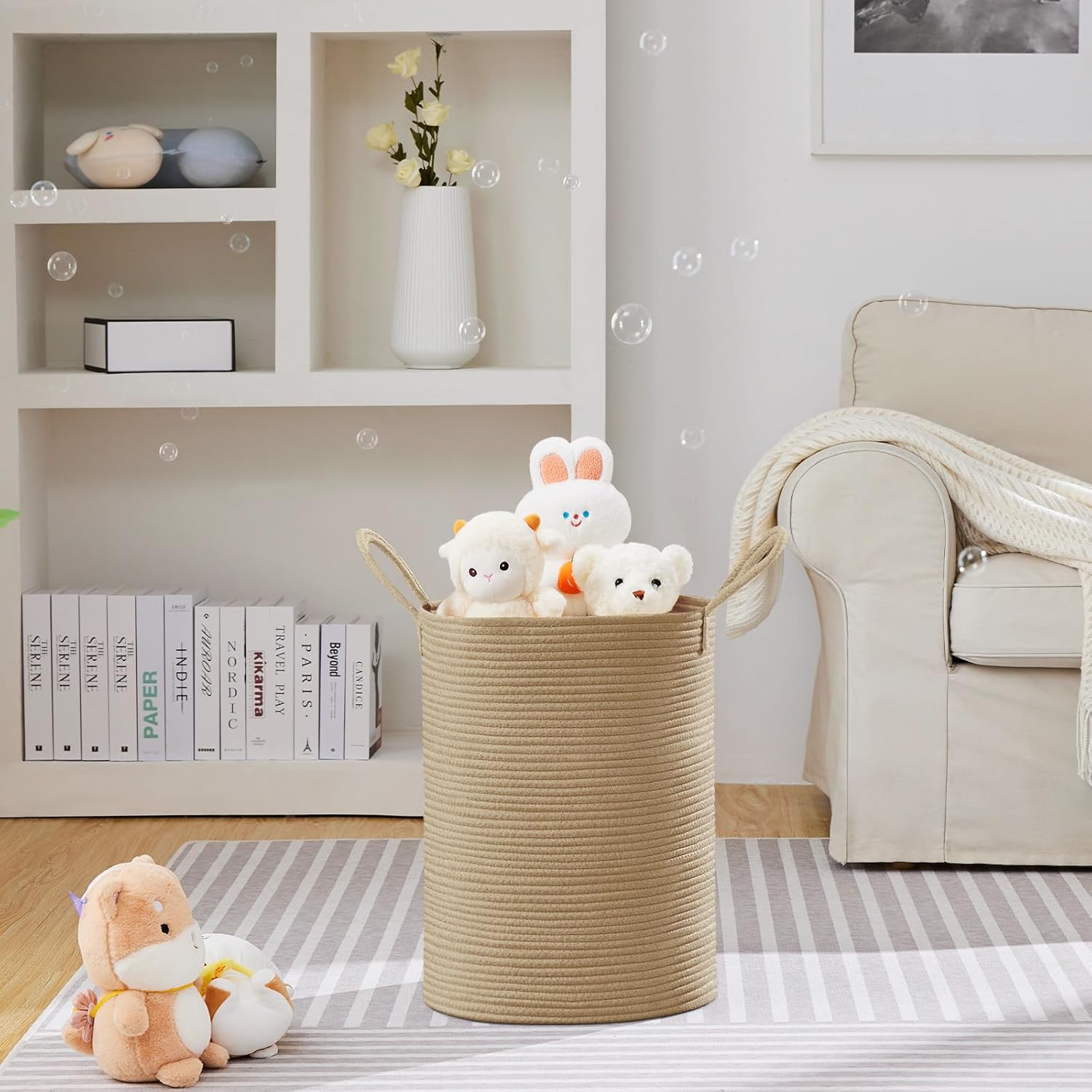 VIPOSCO Large Laundry Hamper, Tall Woven Rope Storage Basket for Blanket, Toys, Dirty Clothes in Living Room, Bathroom, Bedroom - 58L Jute