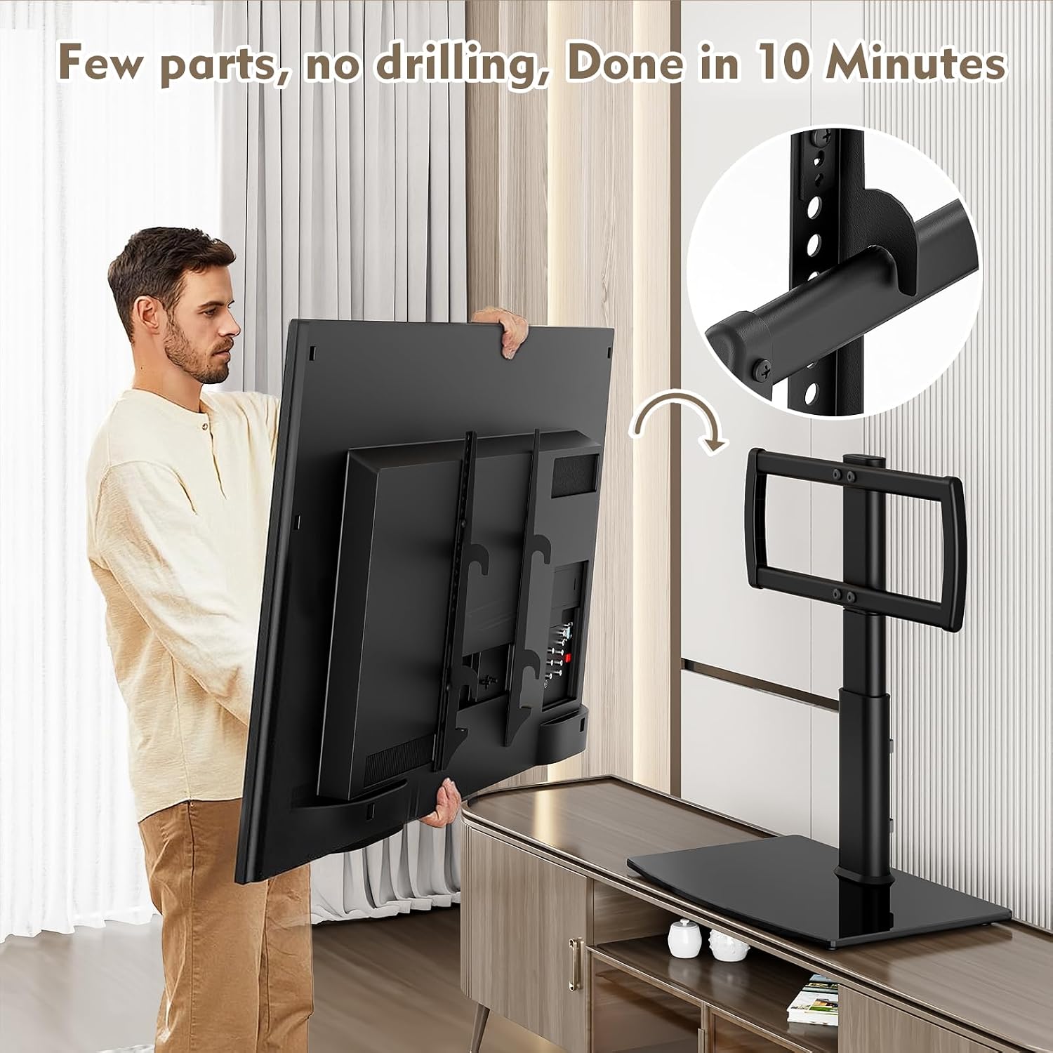 Universal Swivel/Table Top TV Stand 27 to 60 inch TVs 80 Degree Swivel, 4 Level Height Adjustable, Heavy Duty Tempered Glass Base, Holds up to 99lbs Screens, HT04B-001