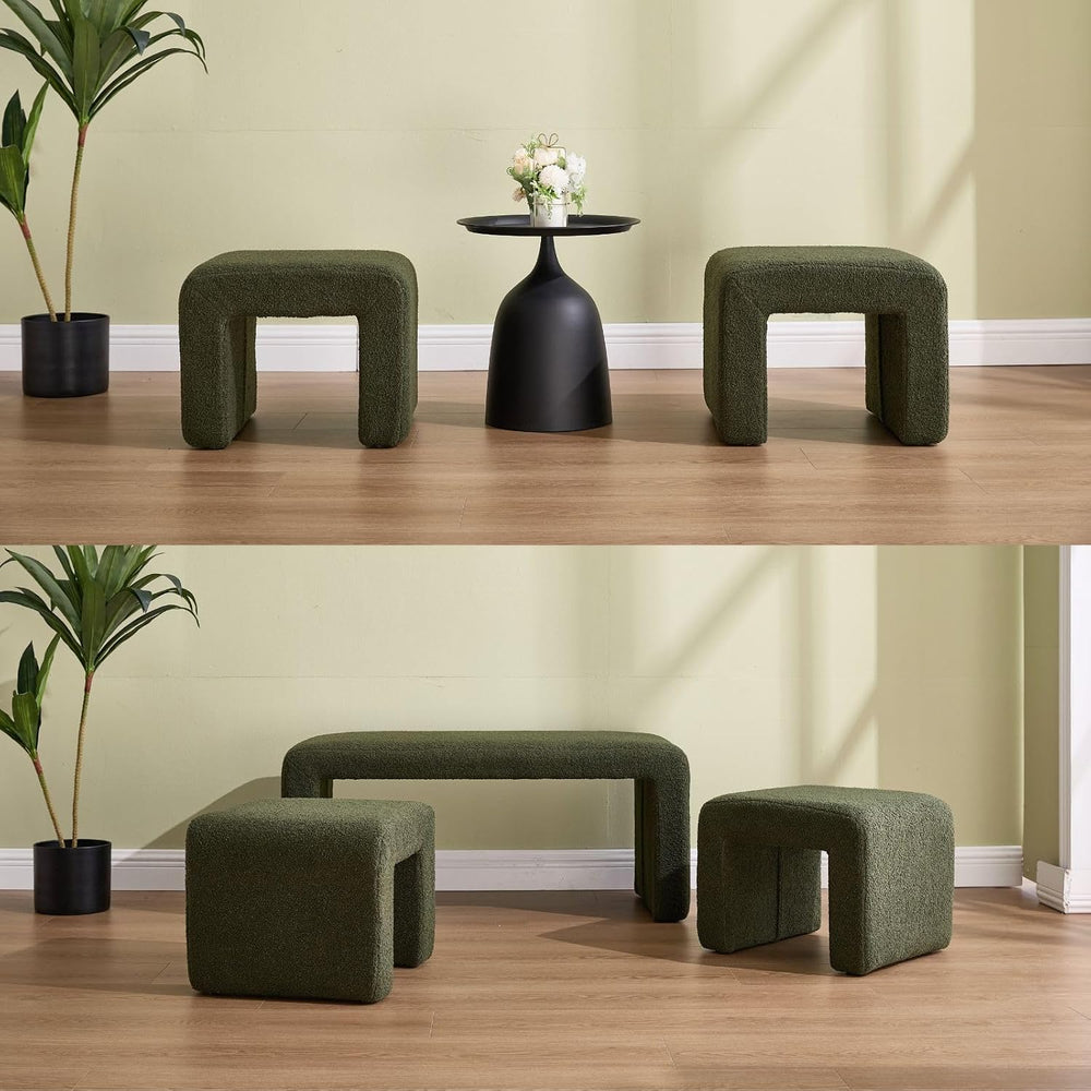 ROCITY Green Boucle Bedroom Bench Small Upholstered Entryway Bench Modern She...