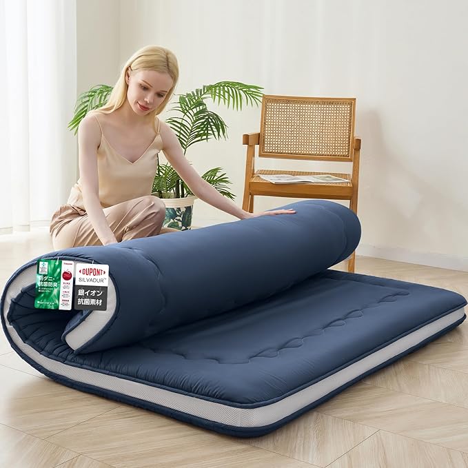 Japanese Floor Mattress, 6" Japanese Futon Mattress, Foldable & Portable Shiki Futon (shikibuton), Roll Up Thicken Sleeping Mattress Tatami Mat Sleeping Pad for Camping (Navy Blue, 60 x 80)