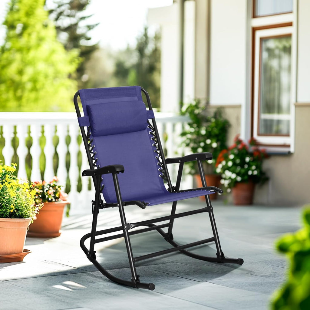 Amazon Basics Outdoor Portable Folding Rocking Chair with Headrest, Ergonomic Design, Weather-resistant Textilene Fabric for Porch, Blue
