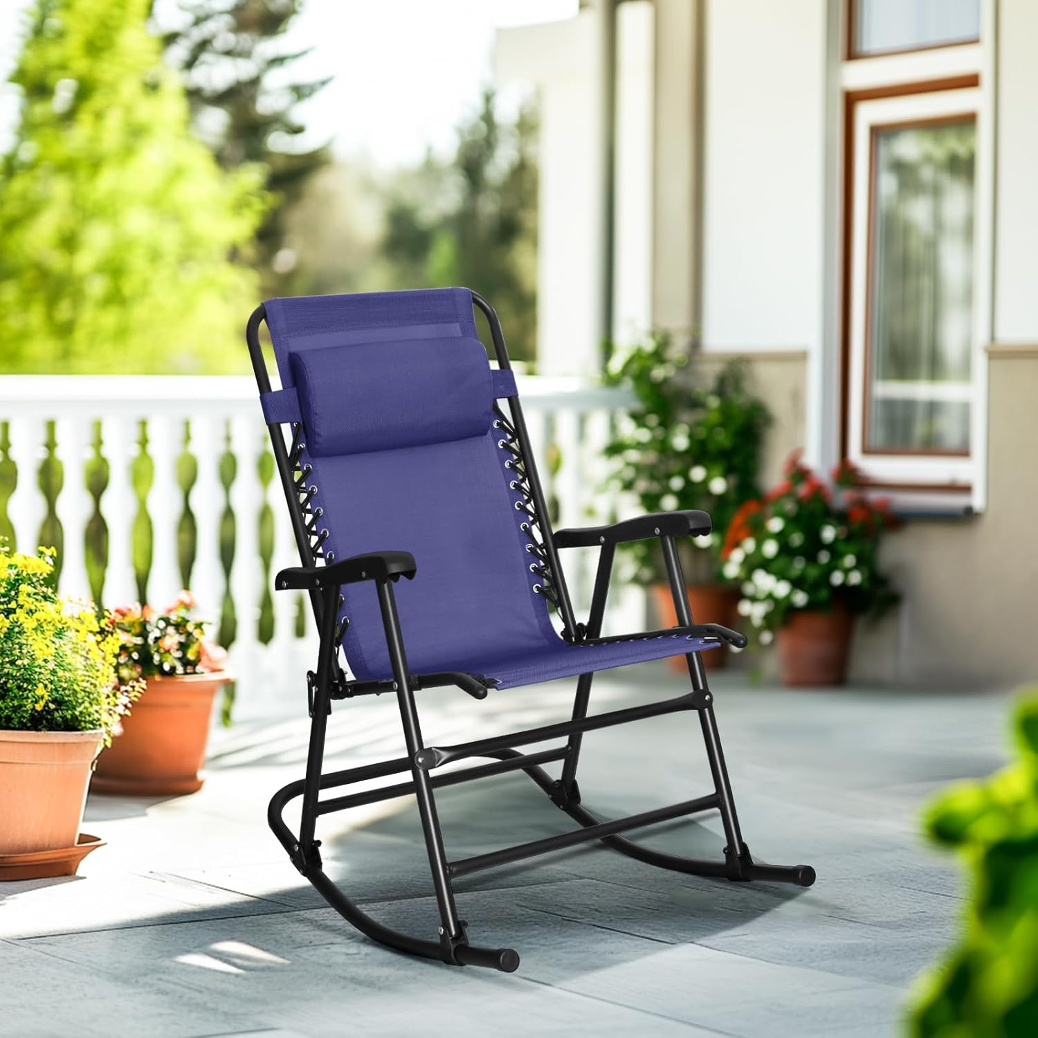 Amazon Basics Outdoor Portable Folding Rocking Chair with Headrest, Ergonomic Design, Weather-resistant Textilene Fabric for Porch, Blue