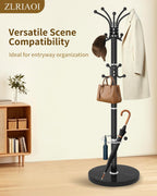 Metal Coat Rack, Modern Coat Rack Stand, 360°Rotary Coat Tree Stand | Heavy Duty Coat Rack Freestanding with Natural Marble Base, Black Clothes Tree Hanger Stand with 14 Hooks & Umbrella Holder