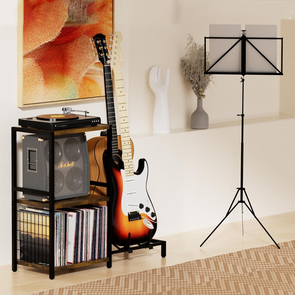 YAKANJ End Table with Guitar Stand,Record Player Stand,Vinyl Records Storage,...