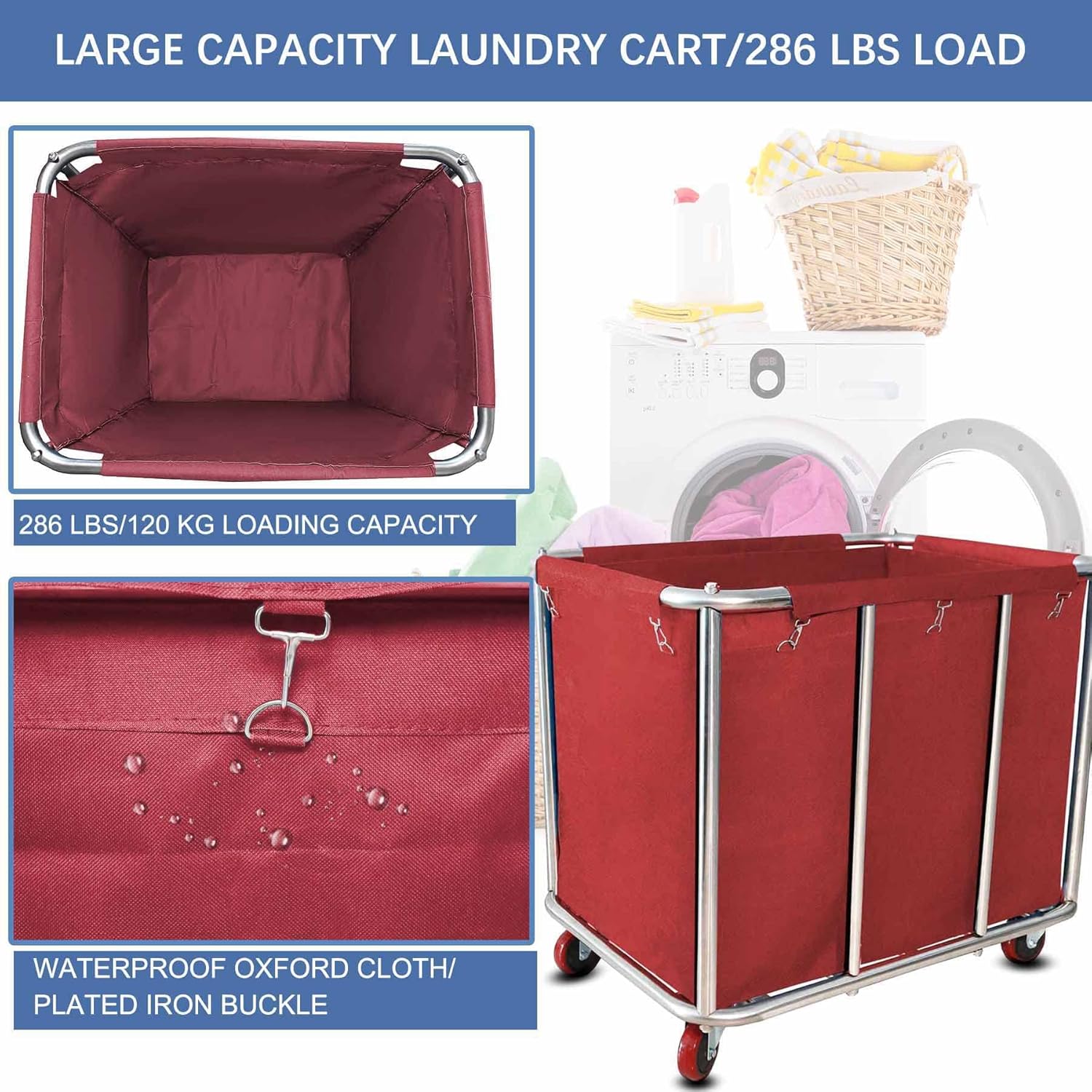 Commercial Laundry Cart With Wheels - 11.5 Bushel Heavy Duty Stainless Steel Hamper With Waterproof Lining - 260 Lbs Load Capacity