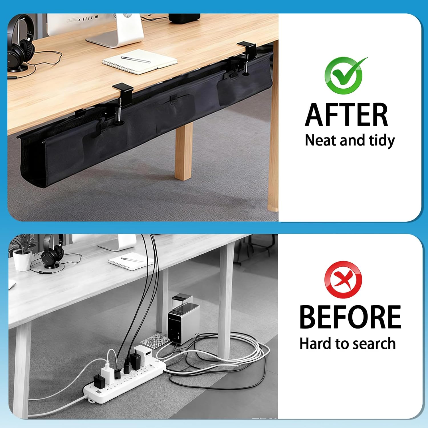 No Drill Under Desk Cable Management Tray, 35.8 Standing Desk Cable Management with Clamp Mount Cable Holder, Fabric Wire Cord Organizer for Office Home Workstations, Black