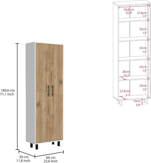 23.6" D*11.8" W*70.9" H White Corner Kitchen Storage Cabinet, 5 Adjustable Shelves & Metal Handles, Natural Wood Double Door, Freestanding Pantry, Modern, for Living Room, Dining Room