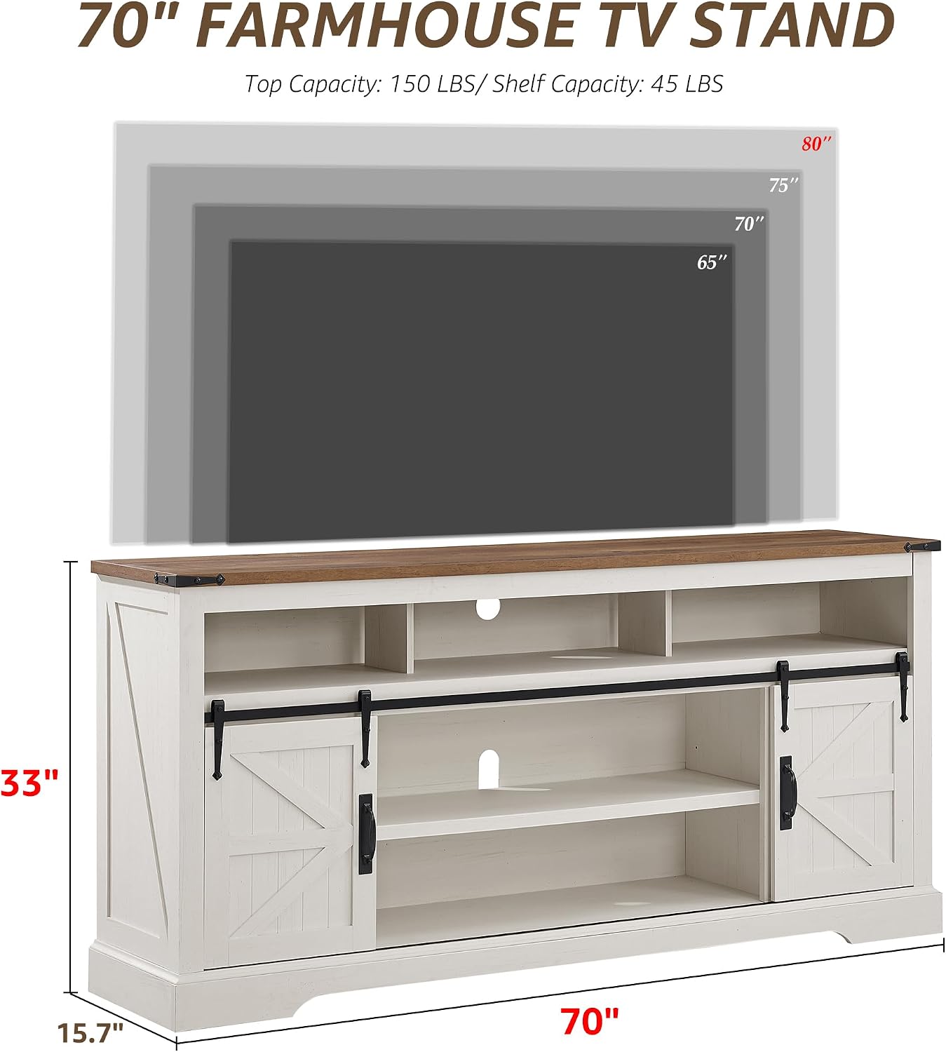 OKD 70" Farmhouse TV Stand for TVs up to 80", Antique White | 33" Tall, Rustic Entertainment Center, Sliding Barn Door, Large Open Storage Shelf, 2 Storage Cabinets, Living Room, Bedroom