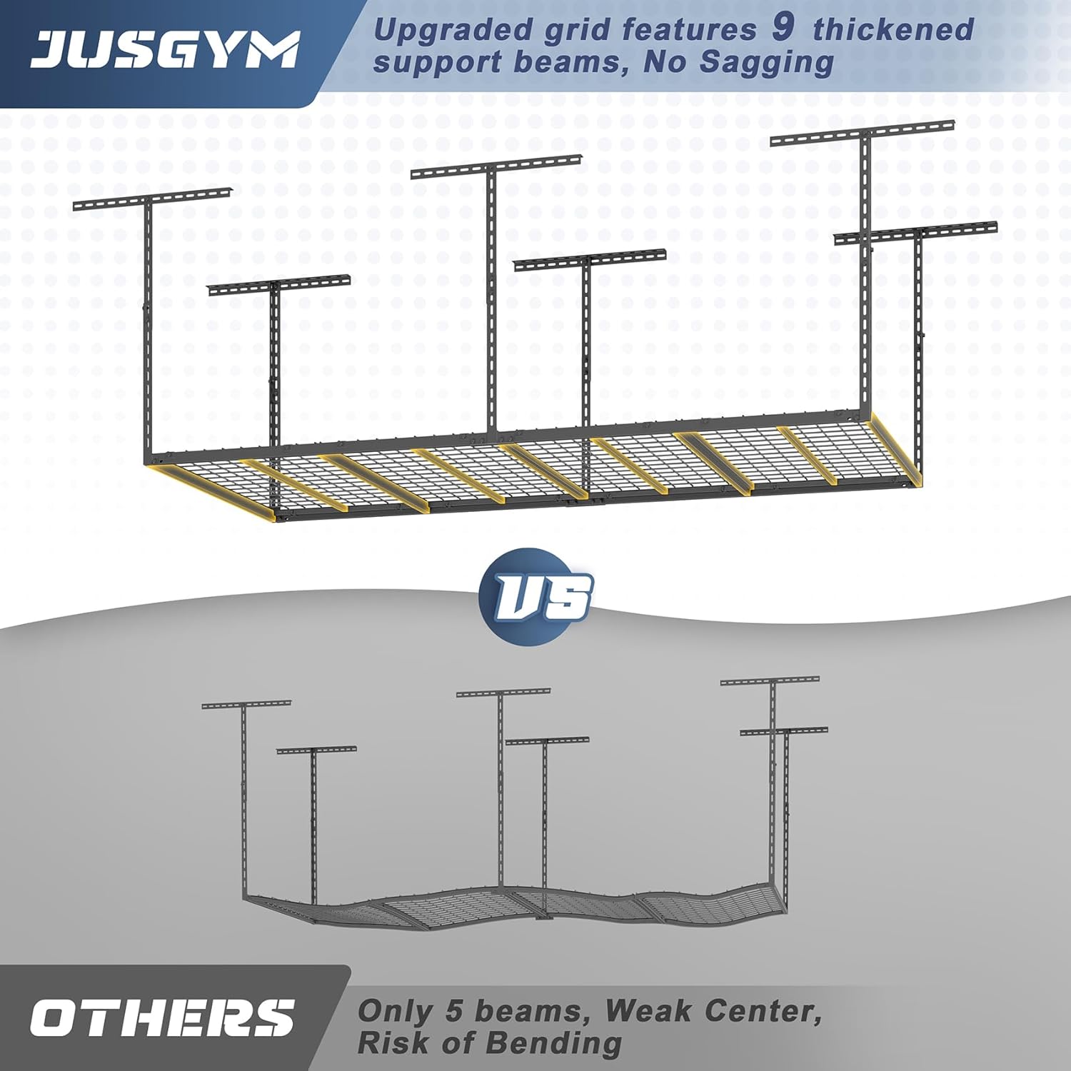 Jusgym 4X8FT Overhead Garage Storage Rack, 26"-40" Height Adjustable Garage Ceiling Storage Racks, Heavy Duty Metal Overhead Storage Organizer System, 750LBS Weight Capacity
