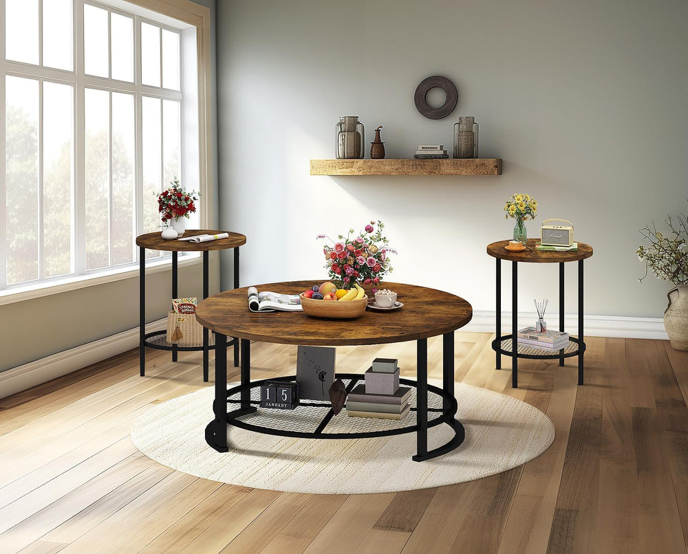 Recaceik Round Coffee Table and End Table Set of 3 with Storage, Modern Vinta...