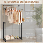 COSTWAY Double Rod Clothing Rack, Rolling Garment Rack with Shelf, Wheels, Adjustable Height Heavy Duty Metal Clothes Racks for Hanging Clothes for Dressing Room, Laundry, Living Room