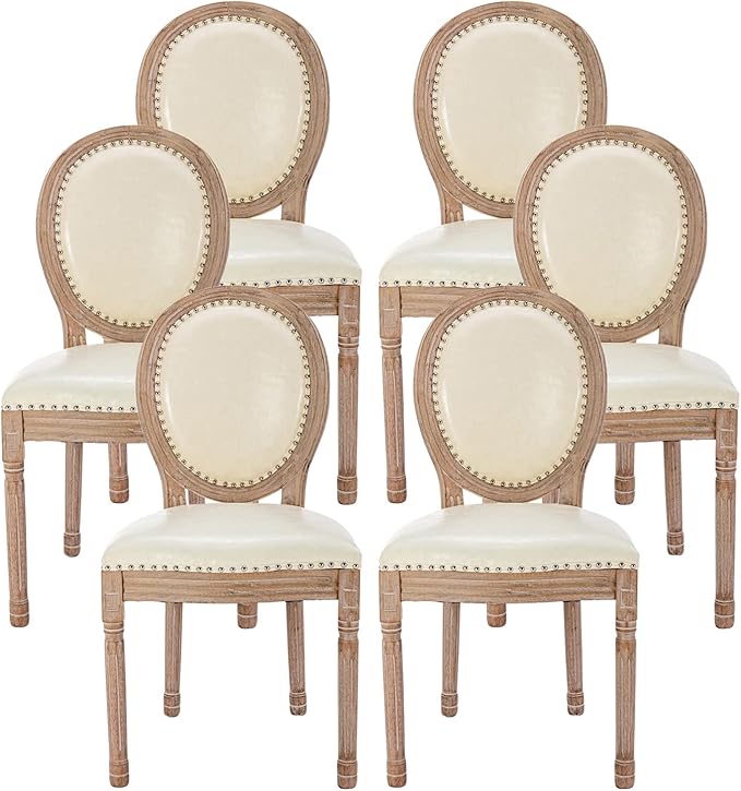 Nrizc French Country Dining Chairs Set of 6, Leather Farmhouse Dining Room Chairs with Round Back, Solid Wood Legs, Oval Side Chairs for Kitchen/Bedroom/Dining Room